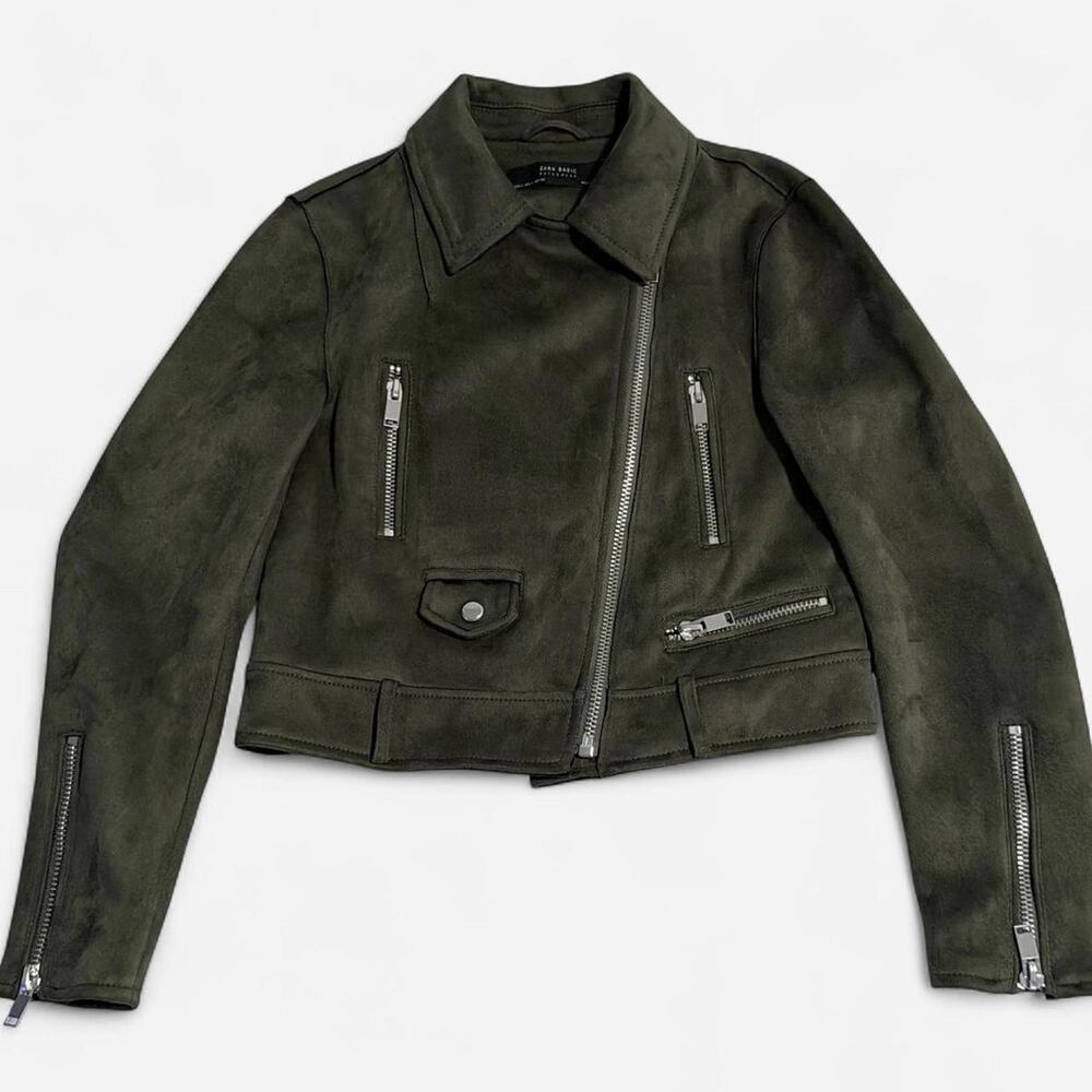 Zara Moto/Biker jacket, cropped length in Olive/Army Green Size: S